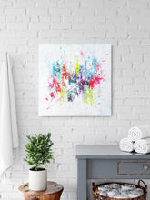 Load image into Gallery viewer, Confettis 2 original painting for sale hung on a brick wall in a bathroom
