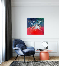 Load image into Gallery viewer, Abstract painting Say It After Me hung on a white wall in a room with a grey velvet seat and coffee table with lamp

