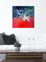 Load image into Gallery viewer, Abstract painting Say It After Me hung on a white wall above a white chesterfield sofa with pillows and a coffee table with candles and a plant
