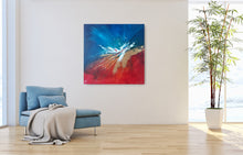Load image into Gallery viewer, Large abstract painting Jazz All Around Me hung on a wall in a light room with a blue sofa and a plant
