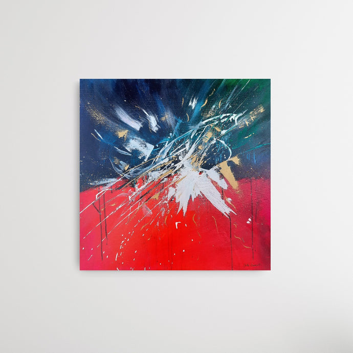 Colorful abstract painting with color explosion of red green blue white and gold