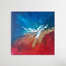 Load image into Gallery viewer, Large abstract painting of a color explosion with blue, gold, red and white 

