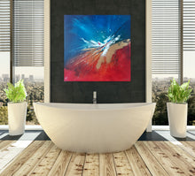 Load image into Gallery viewer, Large abstract painting Jazz All Around Me hung on a bathroom wall above a large bathtub

